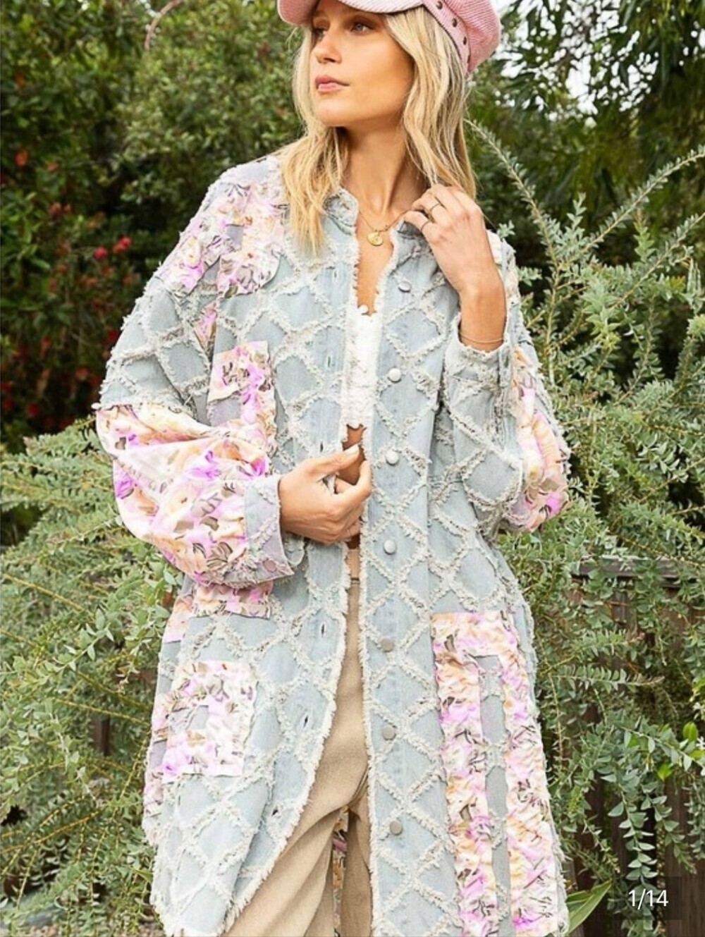 POL Lattice and Flowers Denim Jacket Shacket